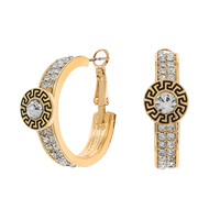 CRYSTAL RHINESTONE PAVE ENAMEL COATED GREEK KEY SQUARE DESIGN SOLITAIRE HOOP EARRINGS