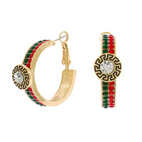 CRYSTAL RHINESTONE PAVE ENAMEL COATED GREEK KEY SQUARE DESIGN SOLITAIRE HOOP EARRINGS