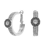 CRYSTAL RHINESTONE PAVE ENAMEL COATED GREEK KEY SQUARE DESIGN SOLITAIRE HOOP EARRINGS