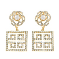 2-TIER PEARL FLORAL POST CRYSTAL RHINESTONE PAVE GREEK KEY SQUARE DANGLE AND DROP EARRINGS