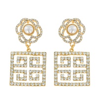 2-TIER PEARL FLORAL POST CRYSTAL RHINESTONE PAVE GREEK KEY SQUARE DANGLE AND DROP EARRINGS