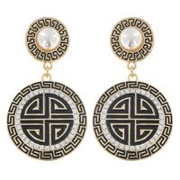 2-TIER GREEK KEY PATTERN CRYSTAL RHINESTONE PEARL POST DANGLE AND DROP ENAMEL COATED ROUND EARRINGS