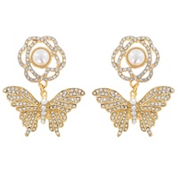 2-TIER PEARL FLORAL POST CRYSTAL RHINESTONE PAVE BUTTERFLY DANGLE AND DROP EARRINGS