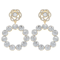 CRYSTAL / SYNTHETIC PEARL- 2 TIER CRYSTAL RHINESTONE PAVE FLORAL POST OPEN CIRCLE DANGLE AND DROP EARRINGS