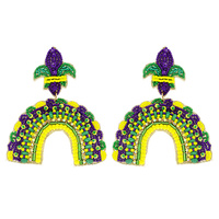 MARDI GRAS FLEUR DE LIS ARCH BEADED EMBROIDERY HANDMADE NOVELTY DANGLE AND DROP EARRINGS