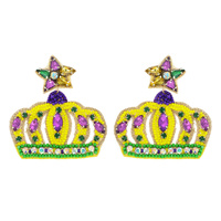 JEWELED MARDI GRAS ROYAL CROWN HANDMADE BEADED EMBROIDERY NOVELTY DANGLE AND DROP EARRINGS