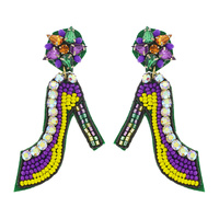 SEED BEAD MARDI GRAS JEWELED STILETTO HANDMADE BEADED EMBROIDERY NOVELTY DANGLE AND DROP EARRINGS