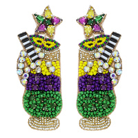 JEWELED MARDI GRAS COCKTAIL HANDMADE BEADED EMBROIDERY NOVELTY DANGLE AND DROP EARRINGS