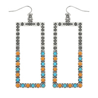 WESTERN SYNTHETIC SEMI STONE INLAY OPEN RECTANGLE DANGLE AND DROP EARRINGS