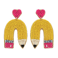 CURVED PENCIL HEART POST BEADED EMBROIDERY HANDMADE NOVELTY DANGLE AND DROP EARRINGS