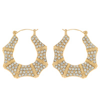 CRYSTAL RHINESTONE PAVE CHUNKY BAMBOO STYLE HOOP EARRINGS