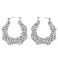 CRYSTAL RHINESTONE PAVE CHUNKY BAMBOO STYLE HOOP EARRINGS
