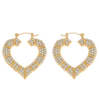 CRYSTAL RHINESTONE PAVE CHUNKY HEART SHAPED BAMBOO STYLE HOOP EARRINGS