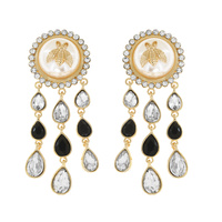 HONEY BEE ACCENT PEARL CABOCHON POST CRYSTAL RHINESTONE CHANDELIER EARRINGS