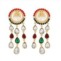 HONEY BEE ACCENT PEARL CABOCHON POST CRYSTAL RHINESTONE CHANDELIER EARRINGS