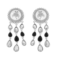 HONEY BEE ACCENT PEARL CABOCHON POST CRYSTAL RHINESTONE CHANDELIER EARRINGS