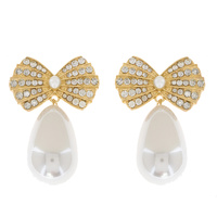 2-TIER CRYSTAL RHINESTONE PAVE BOW AND PEAR SHAPED SYNTHETIC PEARL DANGLE AND DROP EARRINGS