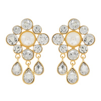 LARGE FLORAL SYNTHETIC PEARL & CRYSTAL DANGLING TEARDROP CHANDELIER EARRINGS