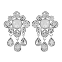LARGE FLORAL SYNTHETIC PEARL & CRYSTAL DANGLING TEARDROP CHANDELIER EARRINGS