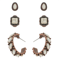 ASSORTED 3-PIECE SYNTHETIC SEMI STONE WESTERN EARRING SET IN SILVER AND COPPER TONE OXIDIZED METAL
