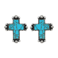 CROSS - WESTERN SYNTHETIC SEMI STONE STUD EARRINGS IN SILVER TONE OXIDIZED METAL