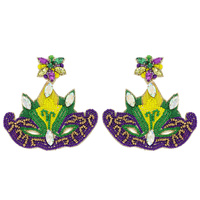 JEWELED MARDI GRAS CARNIVAL MASQUERADE MASK HANDMADE BEADED EMBROIDERY NOVELTY DANGLE AND DROP EARRINGS