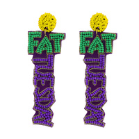 FAT TUESDAY VERTICAL TEXT HANDMADE BEADED EMBROIDERY NOVELTY LONG DROP EARRINGS