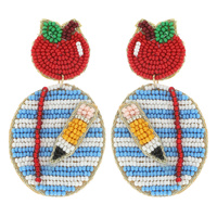 APPLE POST -LINED PAPER & PENCIL SEED BEAD HANDMADE BEADED EMBROIDERY DANGLE AND DROP TEACHER'S EARRINGS