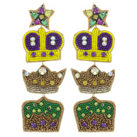HANDMADE BEADED EMBROIDERY JEWELED MARDI GRAS CROWNS DANGLE AND DROP SEED BEAD EARRINGS
