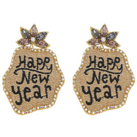 SEED BEAD HAPPY NEW YEARS HANDMADE JEWELED EMBROIDERY DANGLE AND DROP NOVELTY EARRINGS