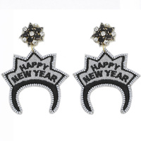 NEW YEARS SEED BEAD HANDMADE BEADED EMBROIDERY DANGLE AND DROP TIARA NOVELTY CRYSTAL RHINESTONE JEWELED EARRINGS
