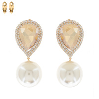 2-TIER CRYSTAL RHINESTONE TEARDROP HALO & SYNTHETIC PEARL CLIP ON EARRINGS