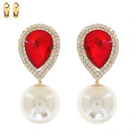 2-TIER CRYSTAL RHINESTONE TEARDROP HALO & SYNTHETIC PEARL CLIP ON EARRINGS