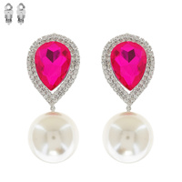 2-TIER CRYSTAL RHINESTONE TEARDROP HALO & SYNTHETIC PEARL CLIP ON EARRINGS