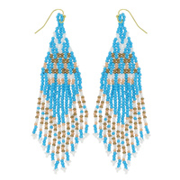 HANDMADE NATIVE AMERICAN ZIG ZAG PATTERN MULTICOLOR SEED BEAD BEADED TASSEL DANGLE AND DROP HOOK EARRINGS