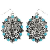 CROSS  - WESTERN TURQUOISE SYNTHETIC SEMI STONE OVAL SHAPED ENGRAVED DESIGN DANGLE AND DROP HOOK EARRINGS