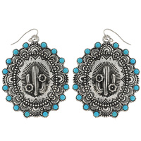 CACTUS - WESTERN TURQUOISE SYNTHETIC SEMI STONE OVAL SHAPED ENGRAVED DESIGN DANGLE AND DROP HOOK EARRINGS