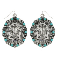 STEER -  WESTERN TURQUOISE SYNTHETIC SEMI STONE OVAL SHAPED ENGRAVED DESIGN DANGLE AND DROP HOOK EARRINGS