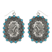 CHIEF  -  WESTERN TURQUOISE SYNTHETIC SEMI STONE OVAL SHAPED ENGRAVED DESIGN DANGLE AND DROP HOOK EARRINGS
