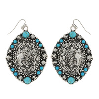 BUFFALO -  WESTERN TURQUOISE SYNTHETIC SEMI STONE OVAL SHAPED ENGRAVED DESIGN DANGLE AND DROP HOOK EARRINGS