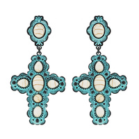 WESTERN 2-TIER TURQUOISE SEMI STONE CROSS DANGLE AND DROP EARRINGS