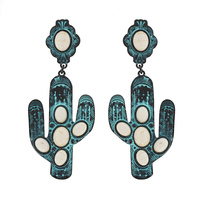 WESTERN 2-TIER TURQUOISE SEMI STONE CACTUS DANGLE AND DROP EARRINGS
