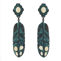 WESTERN TURQUOISE SYNTHETIC SEMI STONE FEATHER SHAPED LINEAR DANGLE AND DROP EARRINGS