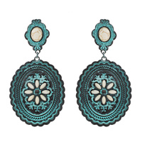 WESTERN 2-TIER FLORAL TURQUOISE SEMI STONE SCALLOPED CONCHO DANGLE AND DROP EARRINGS