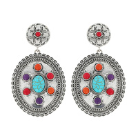 2-TIER SYNTHETIC TURQUOISE SEMI STONE WESTERN CONCHO DANGLE AND DROP EARRINGS