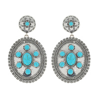2-TIER SYNTHETIC TURQUOISE SEMI STONE WESTERN CONCHO DANGLE AND DROP EARRINGS
