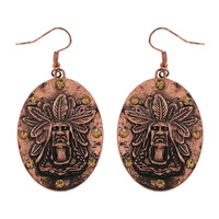 WESTERN CRYSTAL RHINESTONE STUDDED CHIEF HEAD OVAL DANGLE AND DROP EARRINGS