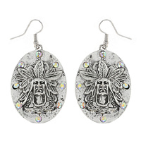 WESTERN CRYSTAL RHINESTONE STUDDED CHIEF HEAD OVAL DANGLE AND DROP EARRINGS