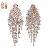 CRYSTAL RHINESTONE TASSEL LONG DROP CLIP-ON EARRINGS