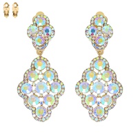 2-TIER CRYSTAL RHINESTONE QUATREFOIL SHAPED DANGLE AND DROP CLIP-ON EARRINGS